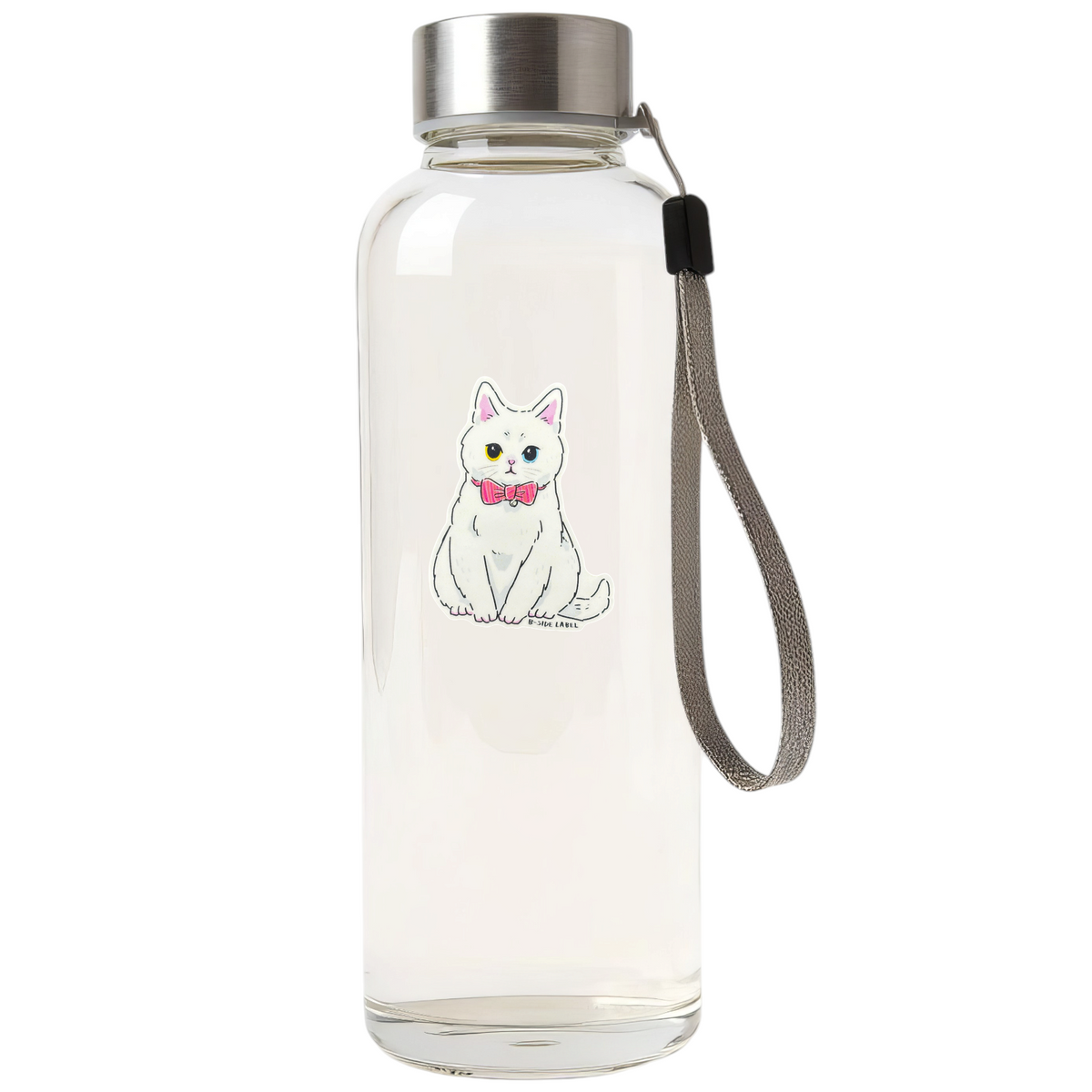 Elegant White Kitten Pink Bow ✦ B-Side Label Sticker — bottle scene using the Shopify PhotoRoom template and original photograph