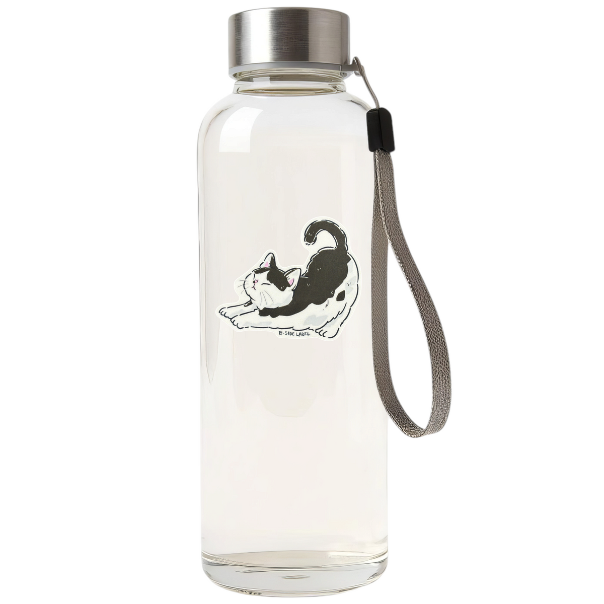 Black & White Cat Stretching ✦ B-Side Label Sticker — bottle scene using the Shopify PhotoRoom template and original photograph