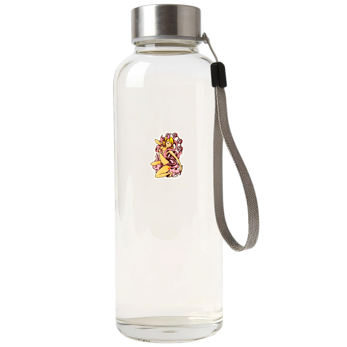 Pink Ribbon Raijin ✦ B-Side Label Sticker on a white bottle — Shopify Small template, original photograph
