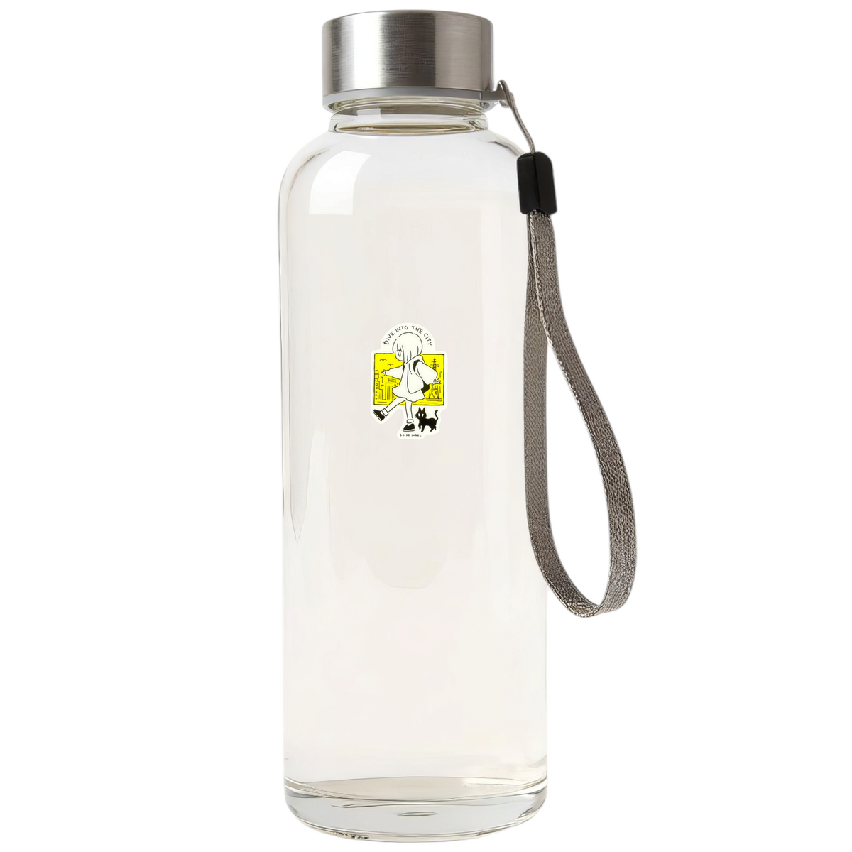 Cute Girl & Cat Walking ✦ B-Side Label Sticker on a white bottle — Shopify Small template, original photograph