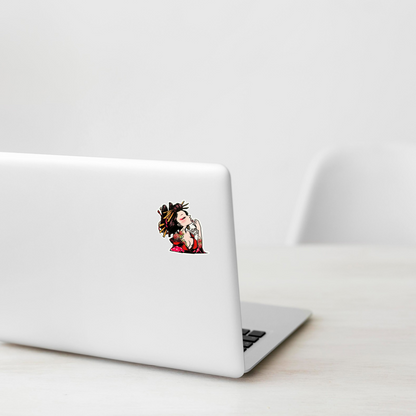 Kimono Tattooed Woman ✦ B-Side Label Sticker on a white laptop — Shopify template, original photograph
