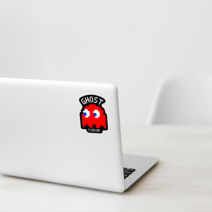 Pac Man Blinky ✦ B-Side Label Sticker on a white laptop — Shopify template, original photograph