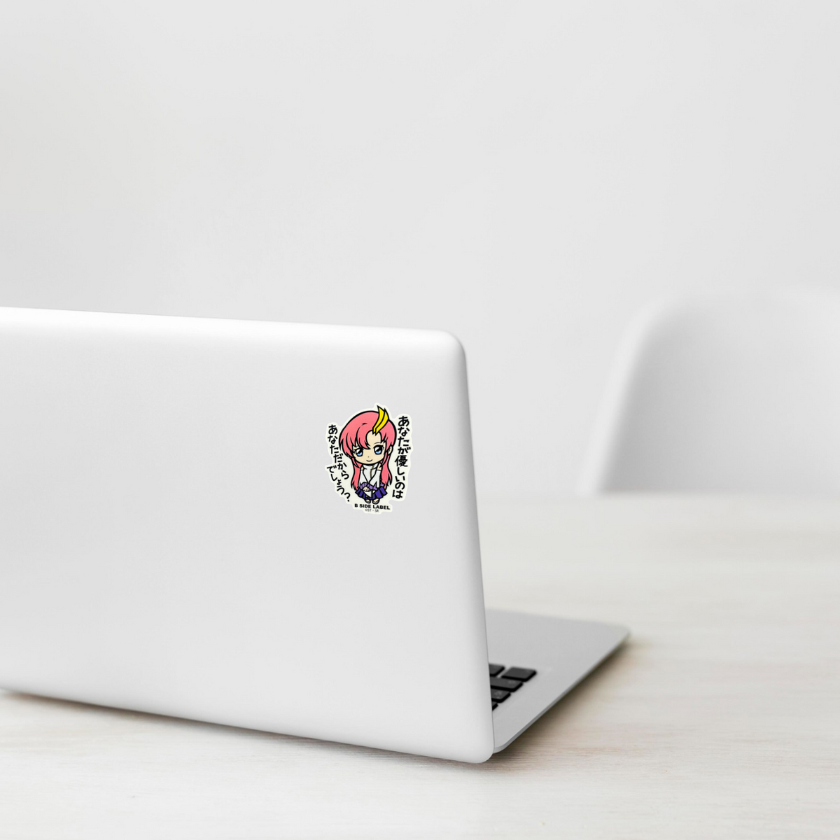Gundam SEED Lacus ✦ B-Side Label Sticker on a white laptop — Shopify template, original photograph