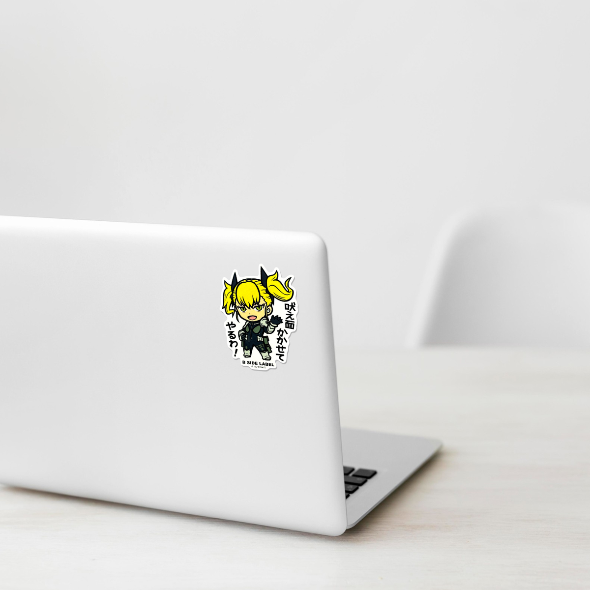 Kaiju No. 8 Shinomiya Kikoru ✦ B-Side Label Sticker on a white laptop — Shopify template, original photograph