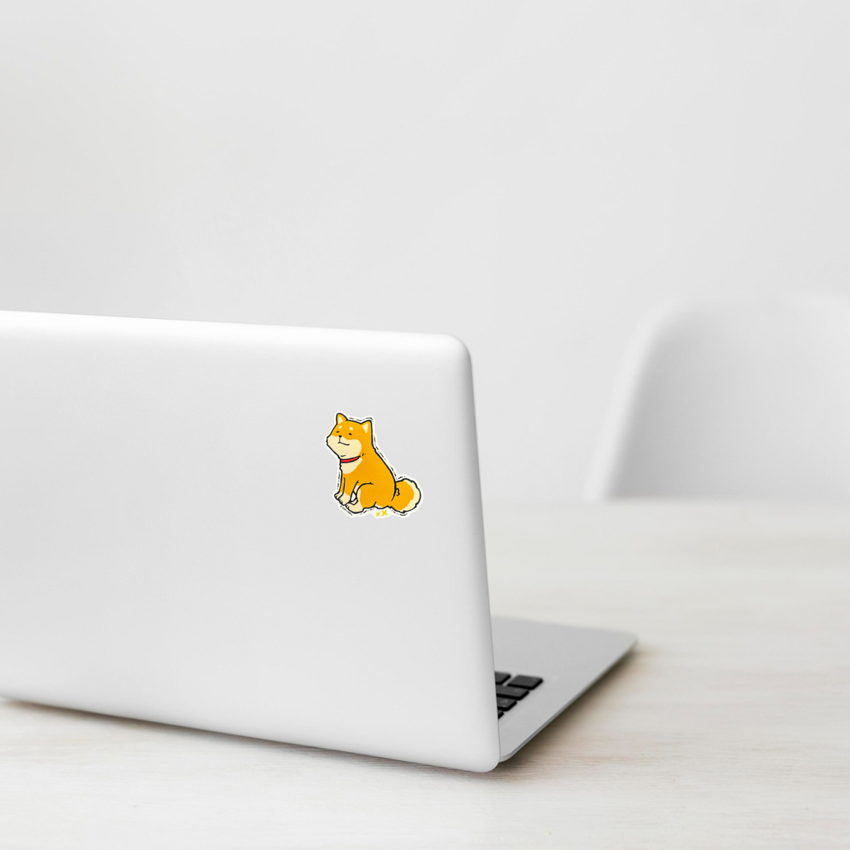 Cute Poopy Shiba Inu ✦ B-Side Label Sticker on a white laptop — Shopify template, original photograph