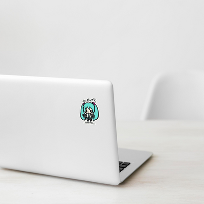 Hatsune Miku CV01 Vocaloid ✦ B-Side Label Sticker on laptop — Shopify Medium template, original photograph, mask corrected in PhotoRoom