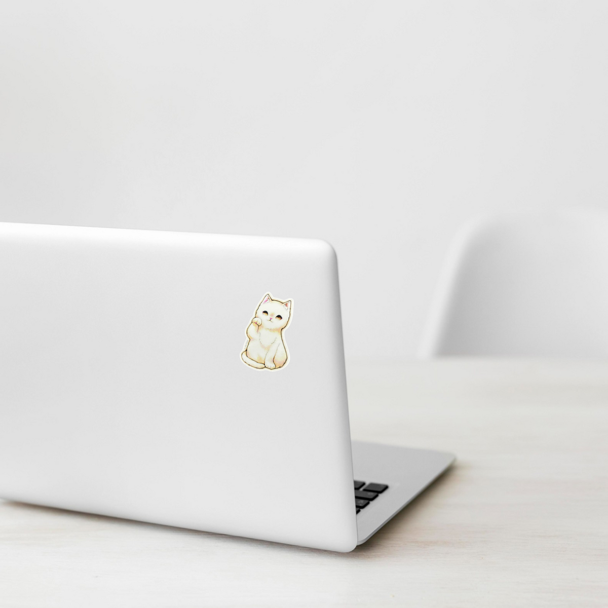 Fluffy Welcoming Cat ✦ B-Side Label Sticker — laptop scene using the Shopify PhotoRoom template and visually verified original photograph