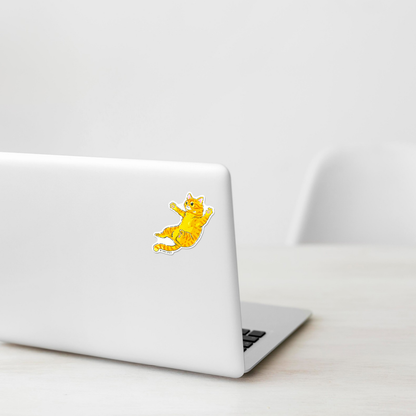 Cute Tabby Cat Jumping ✦ B-Side Label Sticker on a white laptop — Shopify template, original photograph