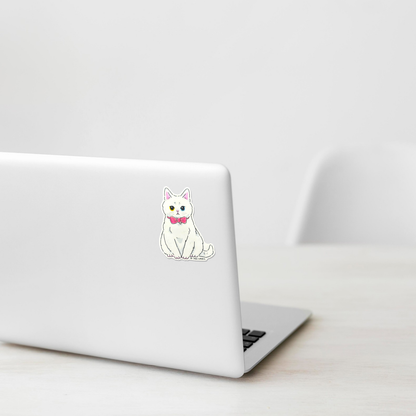 Elegant White Kitten Pink Bow ✦ B-Side Label Sticker — laptop scene using the Shopify PhotoRoom template and original photograph
