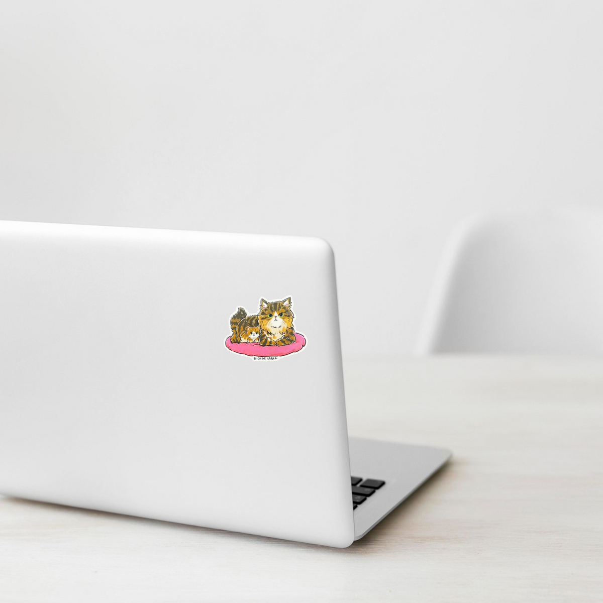 Cute Mommy and Kitten ✦ B-Side Label Sticker — laptop scene using the Shopify PhotoRoom template and original photograph