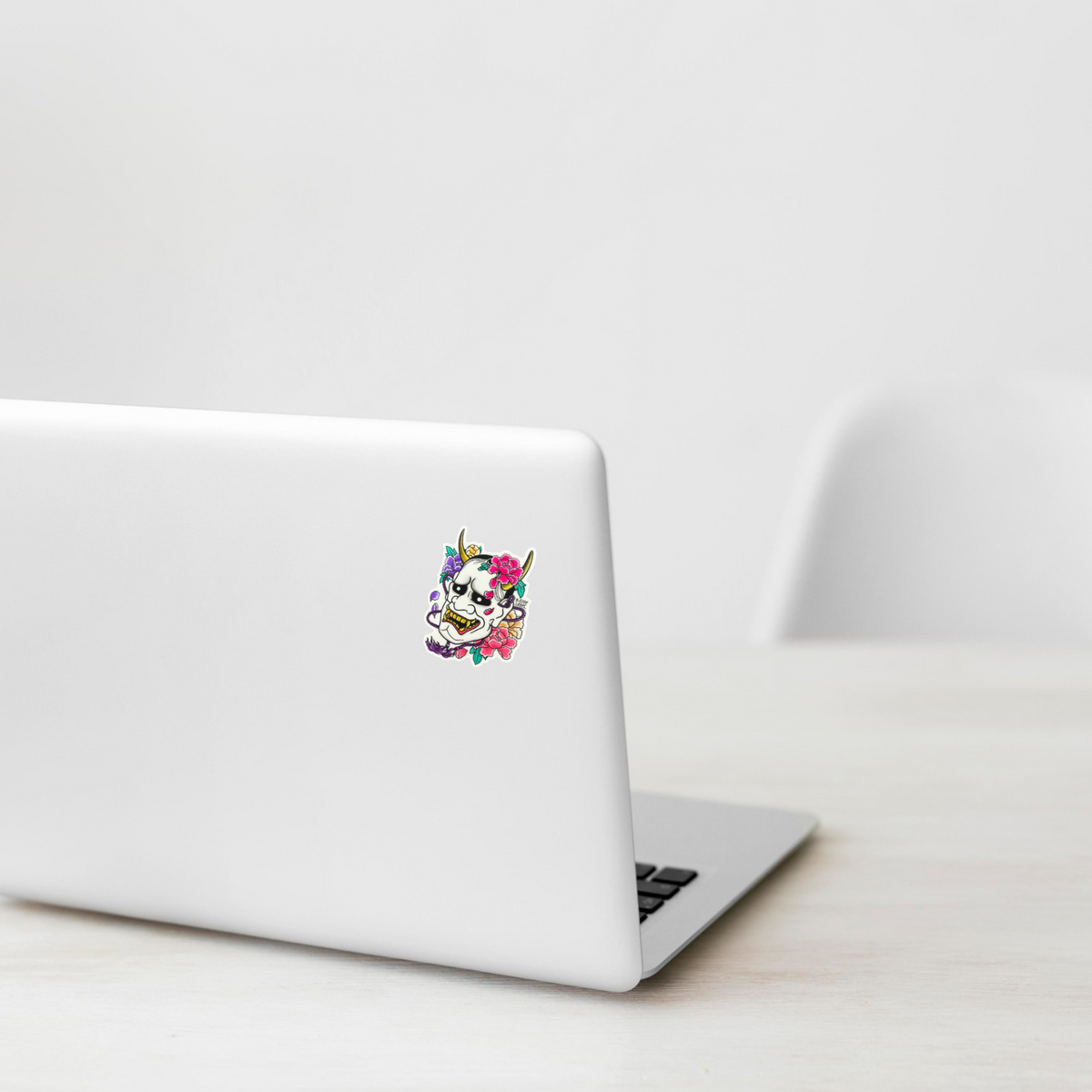 Hannya Mask Demon ✦ B-Side Label Sticker — laptop scene using the Shopify PhotoRoom template and original photograph