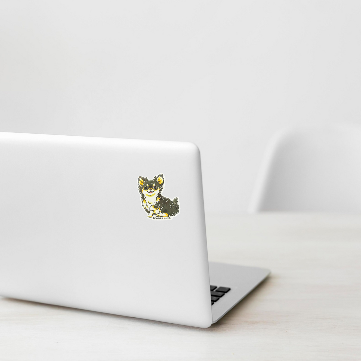 Cute Chihuahua ✦ B-Side Label Sticker — laptop scene using the Shopify PhotoRoom template and original photograph
