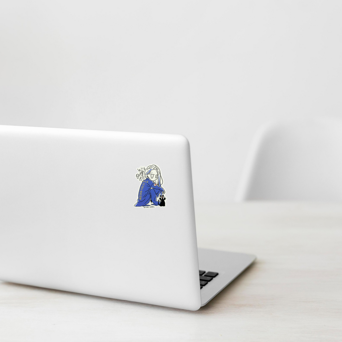 Biker Gang Girl & Kitten ✦ B-Side Label Sticker — laptop scene using the Shopify PhotoRoom template and visually verified original photograph