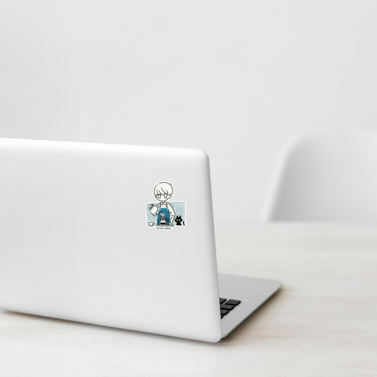 Coffee Barista & Cat ✦ B-Side Label Sticker — laptop scene using the Shopify PhotoRoom template and original photograph