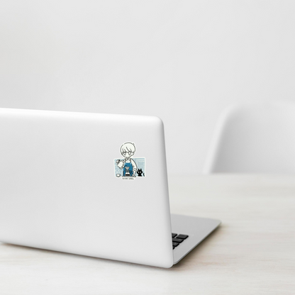Coffee Barista & Cat ✦ B-Side Label Sticker — laptop scene using the Shopify PhotoRoom template and original photograph