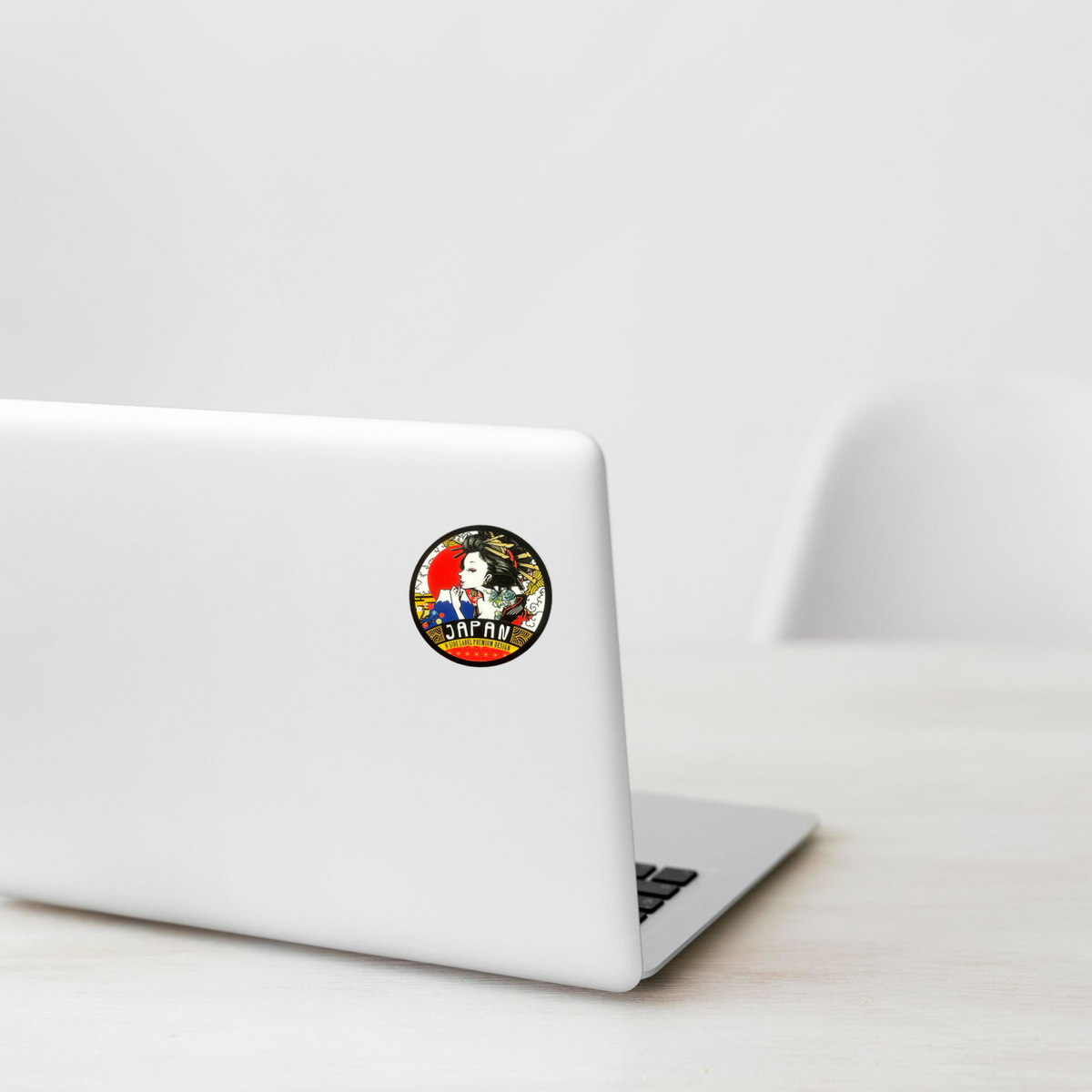 Oiran Geisha ✦ B-Side Label Sticker on a white laptop — Shopify template, original photograph