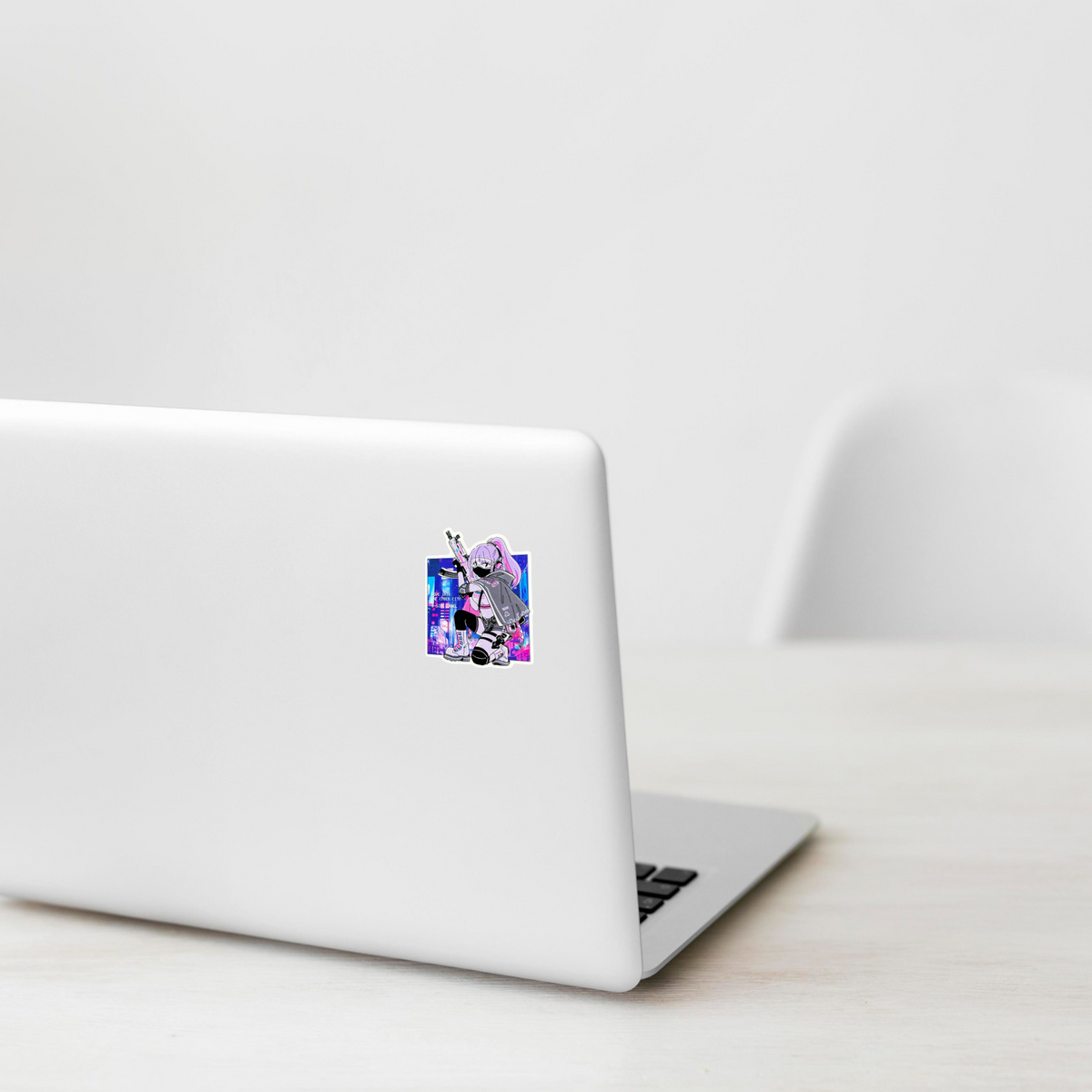 CYBER City Girl Pink AK47 ✦ B-Side Label Sticker — laptop scene using the Shopify PhotoRoom template and original photograph