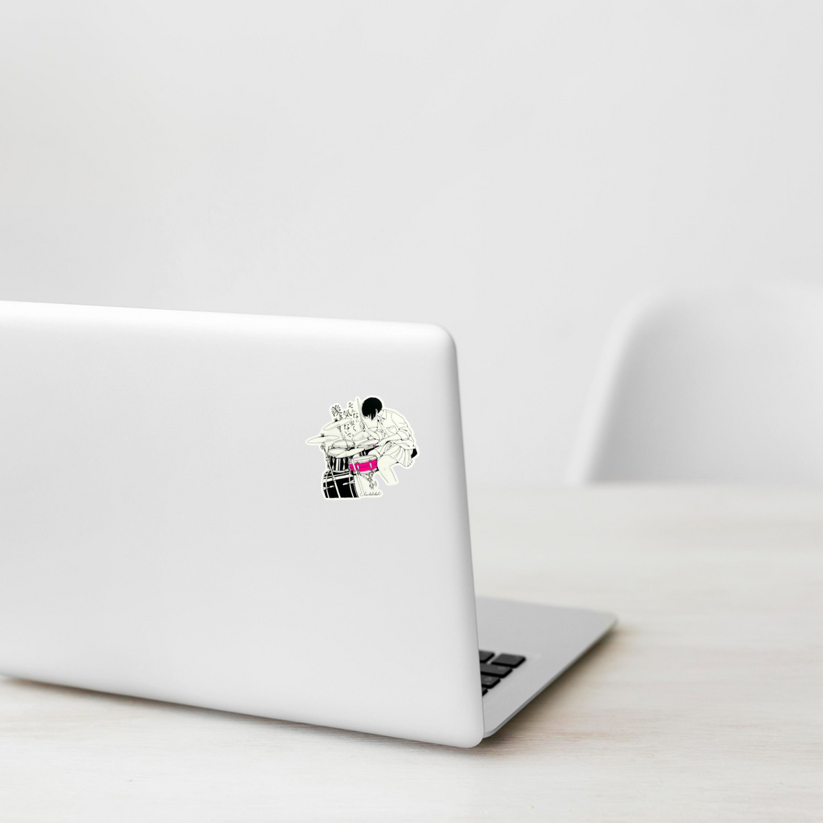 Drummer Girl Pink Snare ✦ B-Side Label Sticker — laptop scene using the Shopify PhotoRoom template and visually verified original photograph