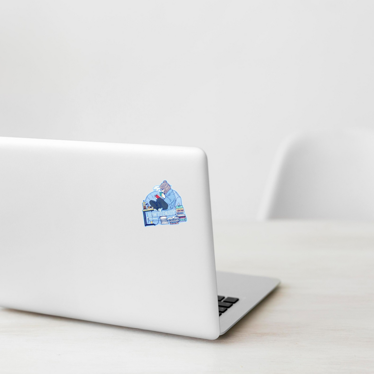 Stay Home Read Book Girl ✦ B-Side Label Sticker — laptop scene using the Shopify PhotoRoom template and original photograph