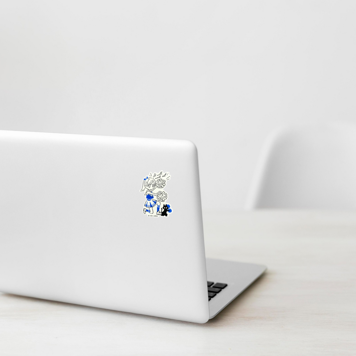 Cute Cheerleader & Kitten ✦ B-Side Label Sticker — laptop scene using the Shopify PhotoRoom template and original photograph