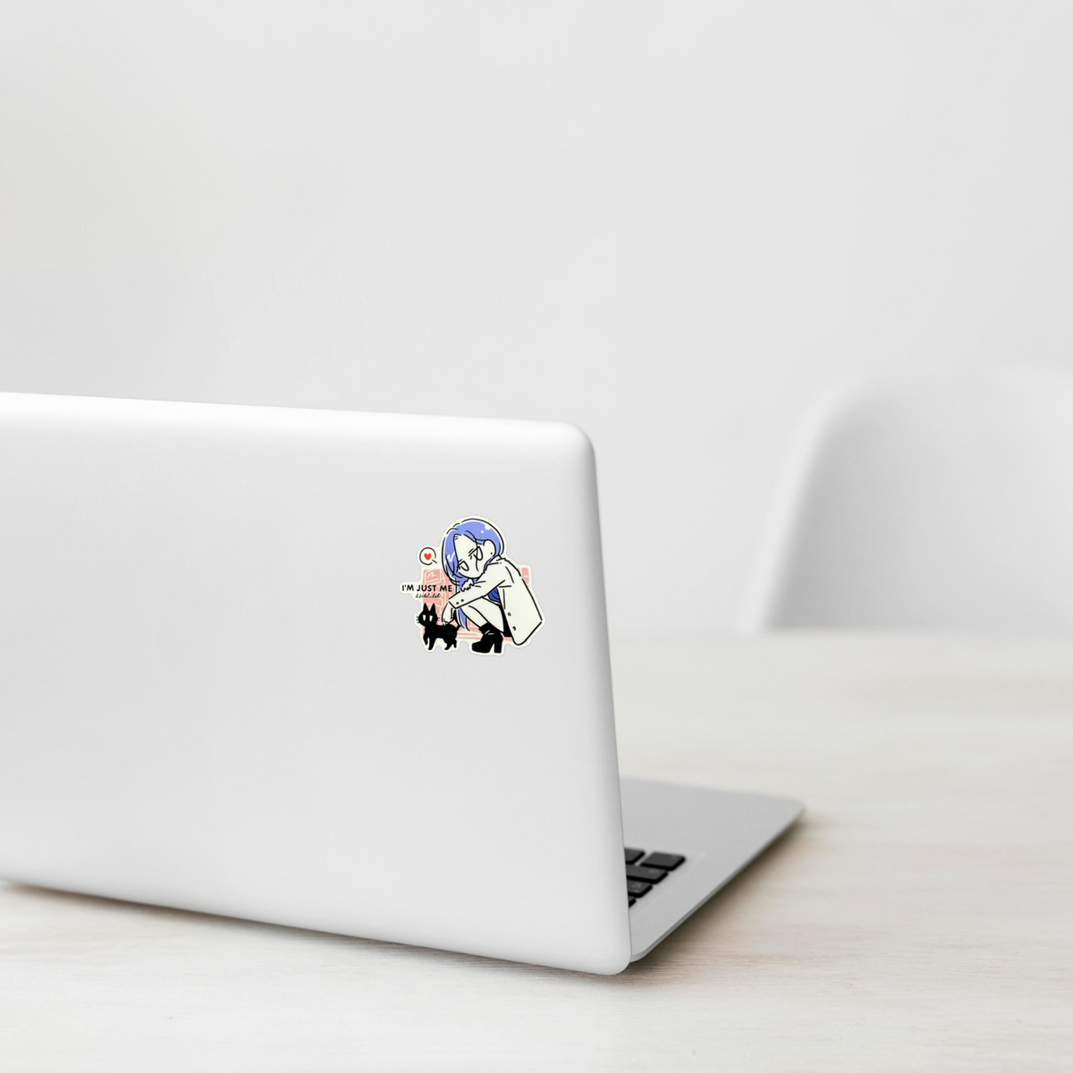Cute Girl & Cat - Love ✦ B-Side Label Sticker on a white laptop — Shopify template, original photograph