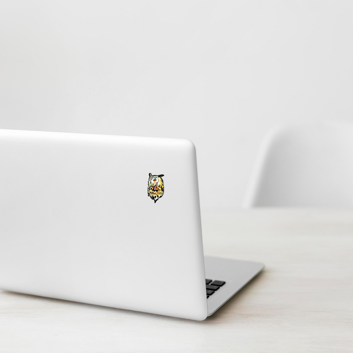 Colorful Owl Head ✦ B-Side Label Sticker on a white laptop — Shopify Small template, original photograph
