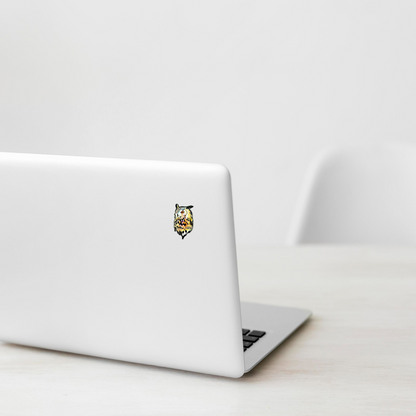 Colorful Owl Head ✦ B-Side Label Sticker on a white laptop — Shopify Small template, original photograph