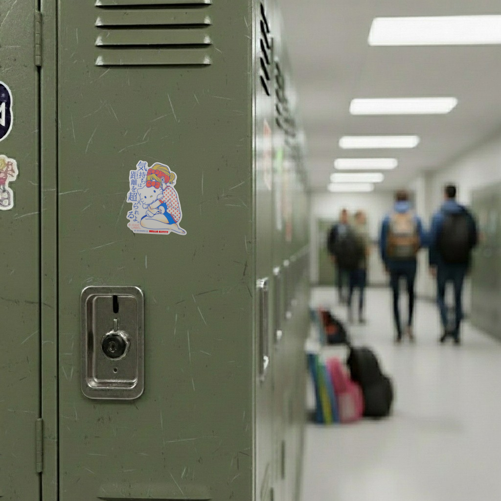Sanrio Hello Kitty Cute Girl Hug Toy   ✦ B-Side Label Sticker — locker scene using the Shopify PhotoRoom template and visually verified original photograph