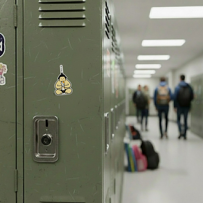 Sumo Wrestler Holding Kitten ✦ B-Side Label Sticker — locker scene using the Shopify PhotoRoom template and original photograph