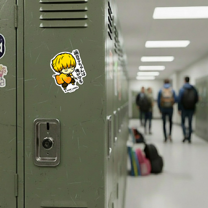 Demon Slayer - Zenitsu Agatsuma 1 ✦ B-Side Label Sticker — locker scene using the Shopify PhotoRoom template and original photograph