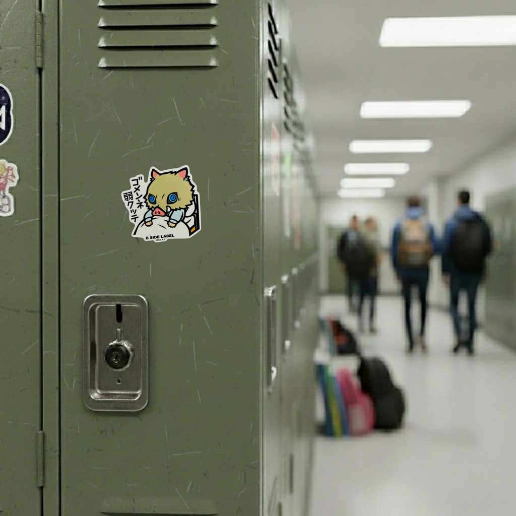 Demon Slayer - Inosuke ✦ B-Side Label Sticker — locker scene using the Shopify PhotoRoom template and original photograph