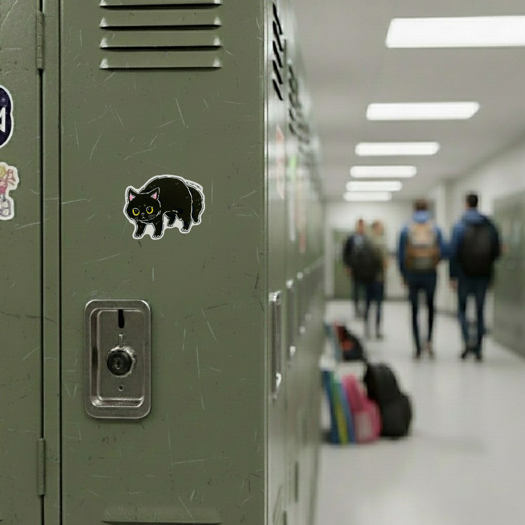 Nervous Black Cat ✦ B-Side Label Sticker — locker scene using the Shopify PhotoRoom template and original photograph