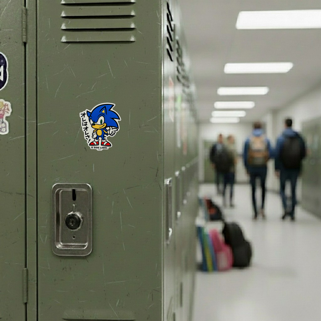 Sonic The Hedgehog - Sonic (Me) ✦ B-Side Label Sticker — locker scene using the Shopify PhotoRoom template and original photograph