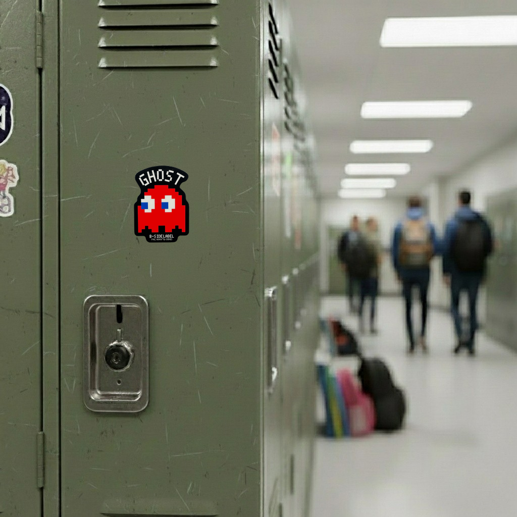 Pac Man Blinky ✦ B-Side Label Sticker — locker scene using the Shopify PhotoRoom template and original photograph