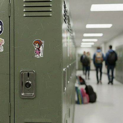 Evangelion Makinami Mari ✦ B-Side Label Sticker — locker scene using the Shopify PhotoRoom template and original photograph