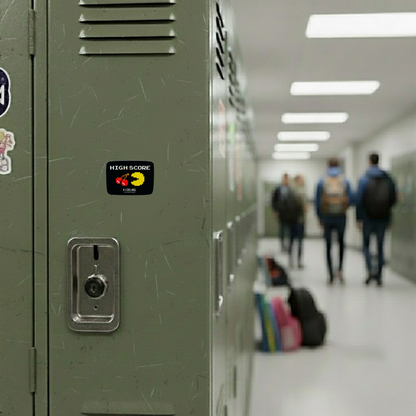Pac Man High Score ✦ B-Side Label Sticker on locker — Shopify Medium template, original photograph, mask corrected in PhotoRoom