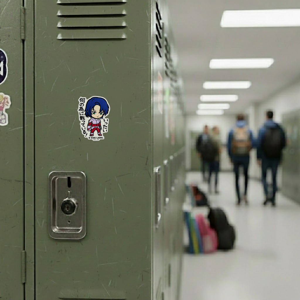Gundam SEED Athrun ✦ B-Side Label Sticker — locker scene using the Shopify PhotoRoom template and original photograph