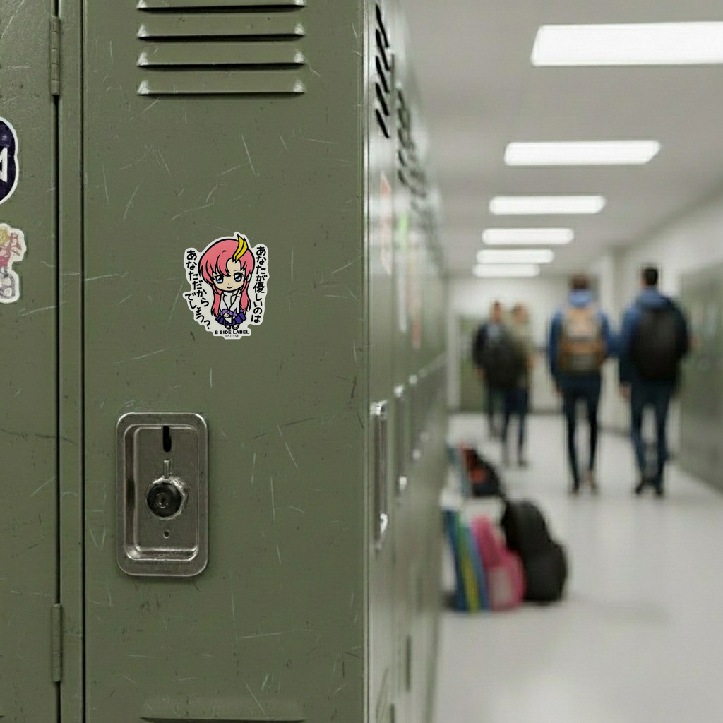 Gundam SEED Lacus ✦ B-Side Label Sticker — locker scene using the Shopify PhotoRoom template and original photograph