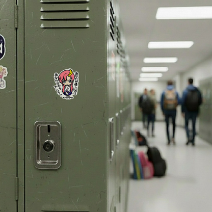 Gundam SEED Lacus ✦ B-Side Label Sticker — locker scene using the Shopify PhotoRoom template and original photograph