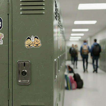 Sumo Wrestlers Sharing Rice Balls  ✦ B-Side Label Sticker — locker scene using the Shopify PhotoRoom template and original photograph