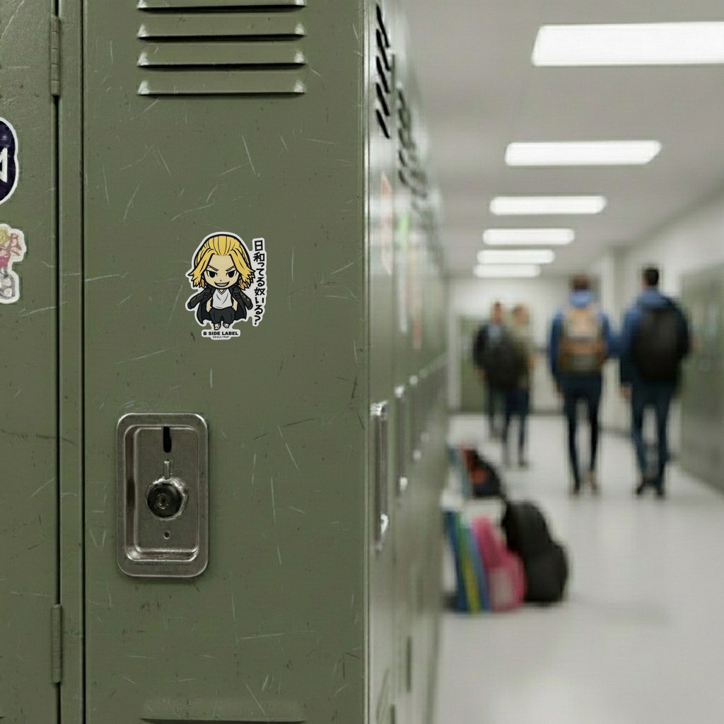 Tokyo Revengers Sano Manjiro ✦ B-Side Label Sticker — locker scene using the Shopify PhotoRoom template and original photograph