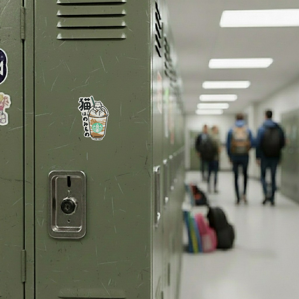Cute Kitten Latte ✦ B-Side Label Sticker — locker scene using the Shopify PhotoRoom template and original photograph
