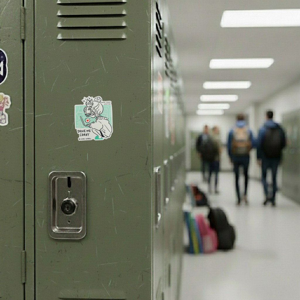 Cute Girl and Shy Kitten ✦ B-Side Label Sticker — locker scene using the Shopify PhotoRoom template and original photograph