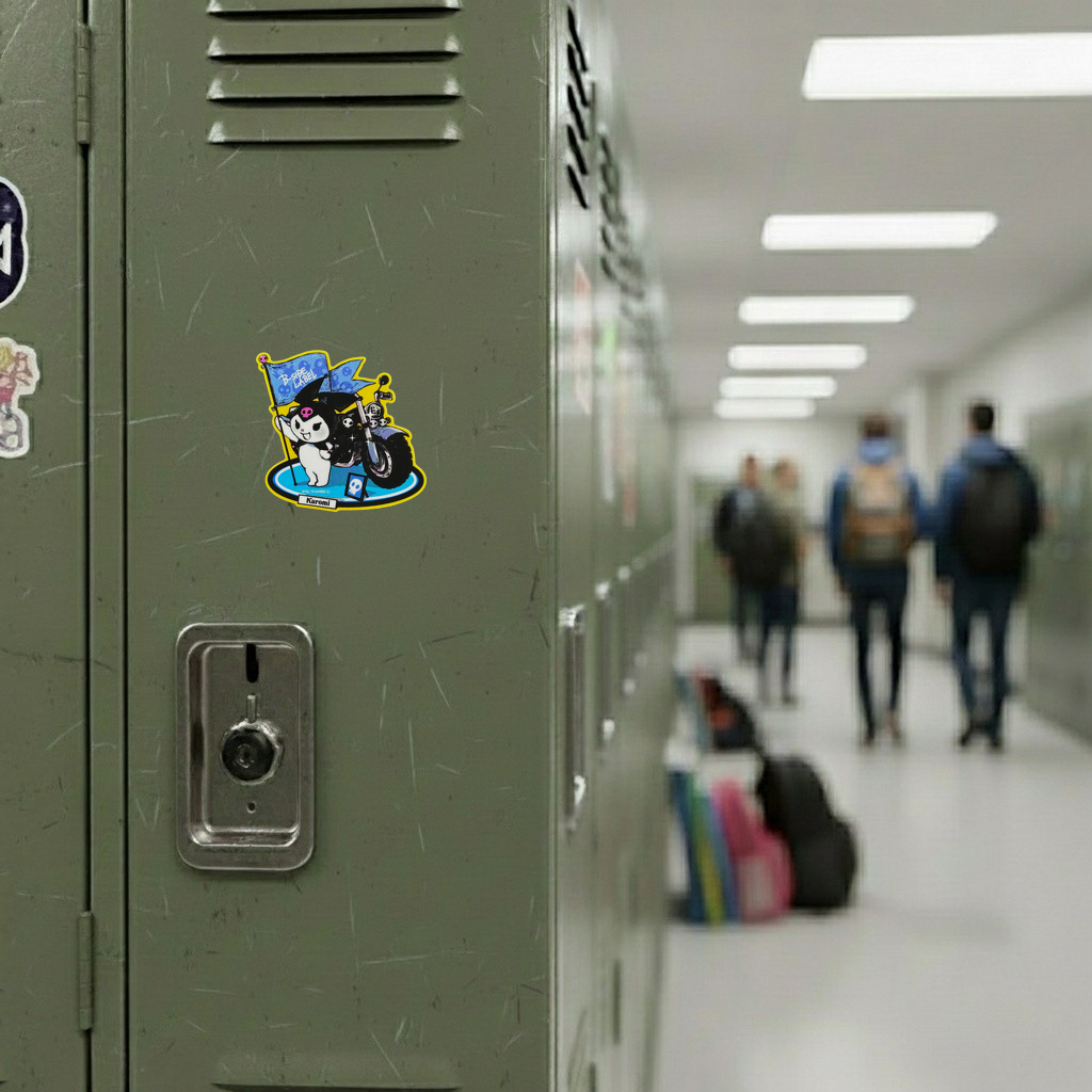 Sanrio Kuromi Rebel Biker Girl  ✦ B-Side Label Sticker — locker scene using the Shopify PhotoRoom template and original photograph