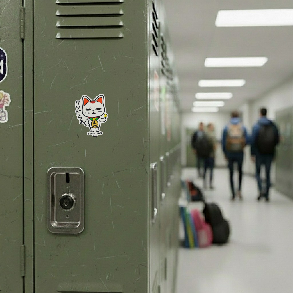 DanDaDan Turbo Granny (Lucky Cat) ✦ B-Side Label Sticker — locker scene using the Shopify PhotoRoom template and visually verified original photograph