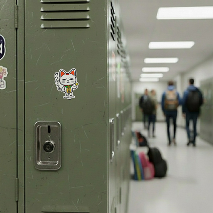 DanDaDan Turbo Granny (Lucky Cat) ✦ B-Side Label Sticker — locker scene using the Shopify PhotoRoom template and visually verified original photograph