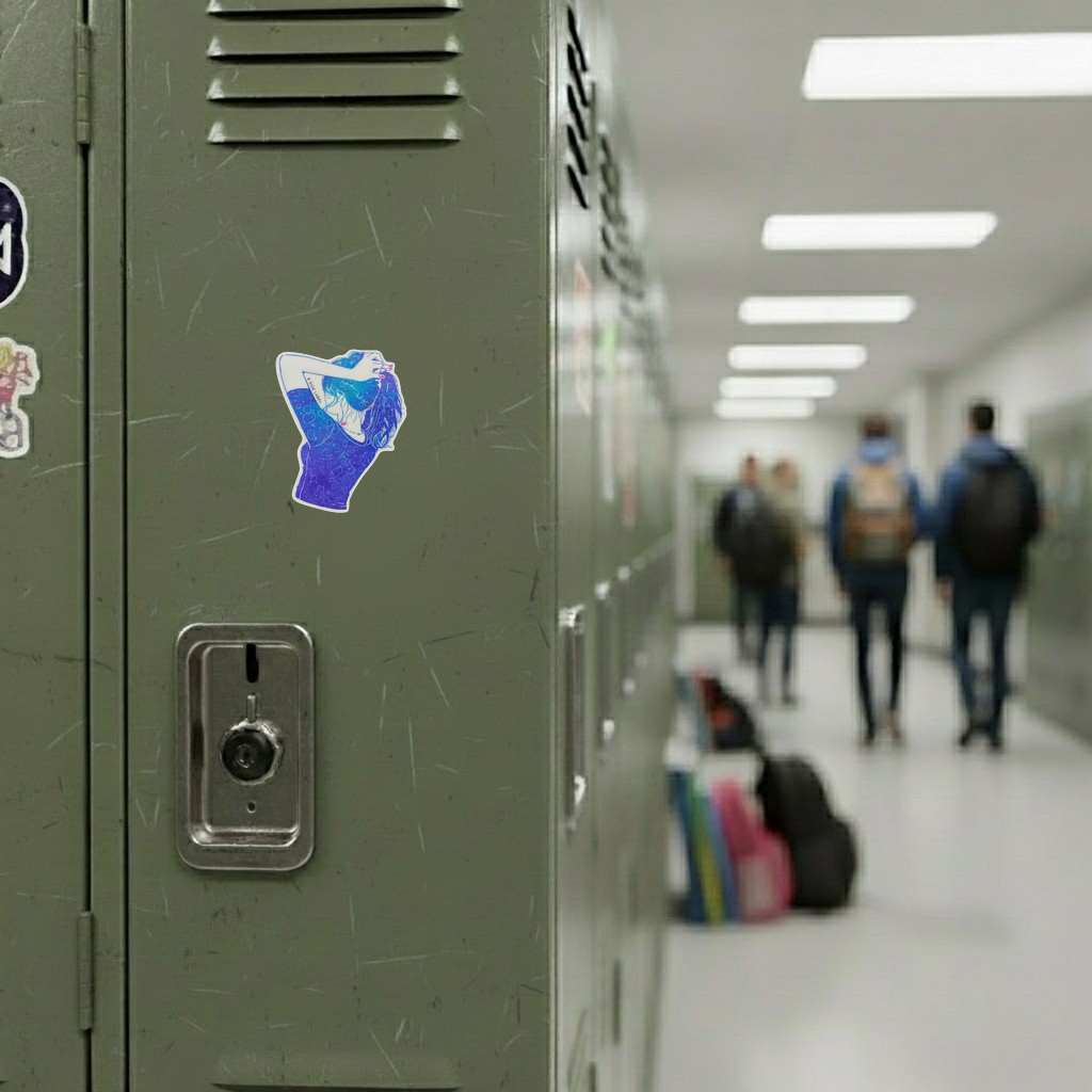 Blue T-Shirt & Ponytail ✦ B-Side Label Sticker — locker scene using the Shopify PhotoRoom template and original photograph
