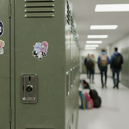 Cute Girl in Pink & Cat - Love ✦ B-Side Label Sticker — locker scene using the Shopify PhotoRoom template and original photograph