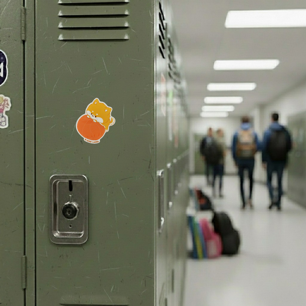 Fluffy Shiba Inu Puppy ✦ B-Side Label Sticker — locker scene using the Shopify PhotoRoom template and original photograph