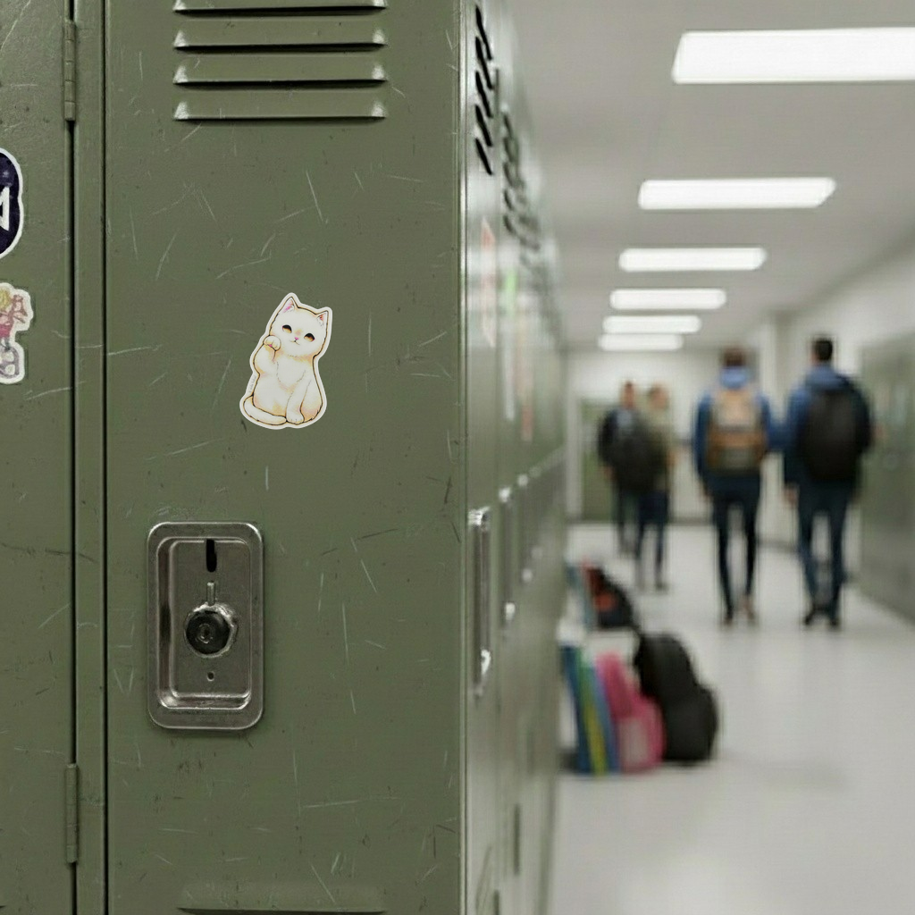 Fluffy Welcoming Cat ✦ B-Side Label Sticker — locker scene using the Shopify PhotoRoom template and visually verified original photograph
